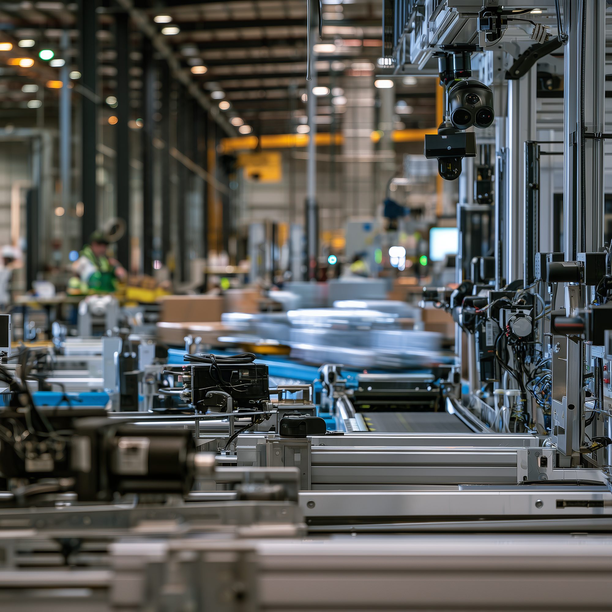 A production line running the length of an industrial hall, with sensing equipment mounted above the line and people working further along it.